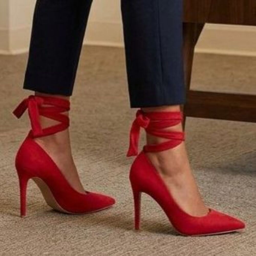 Red Suede Stiletto Heels Sz 8 Pointed Toe Ankle Ribbon Tie Lace Up Party Wedding